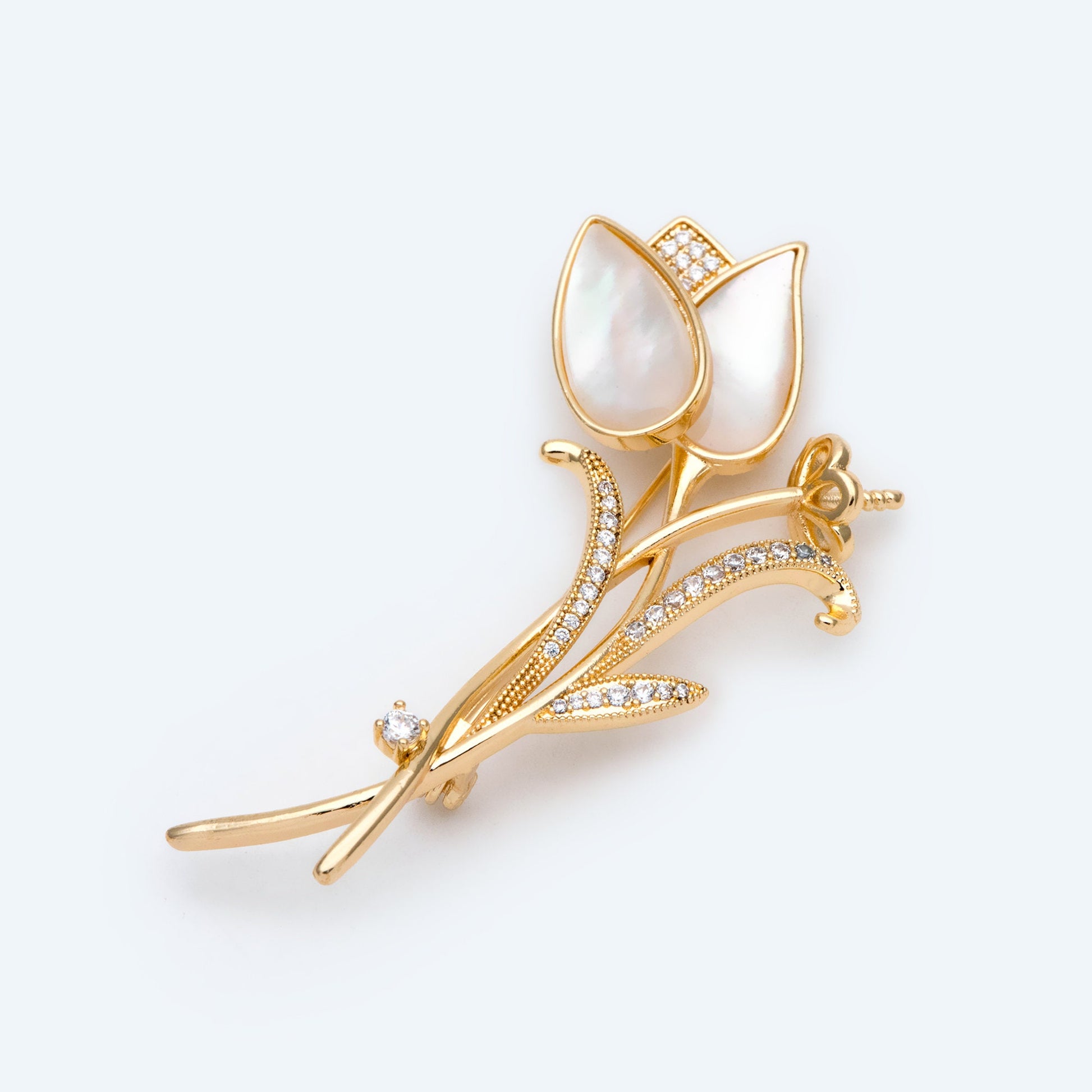 1pcs Shell Pave Gold Tulip Brooch, CZ pave Brooch With Pearl Setting (GB-2640)