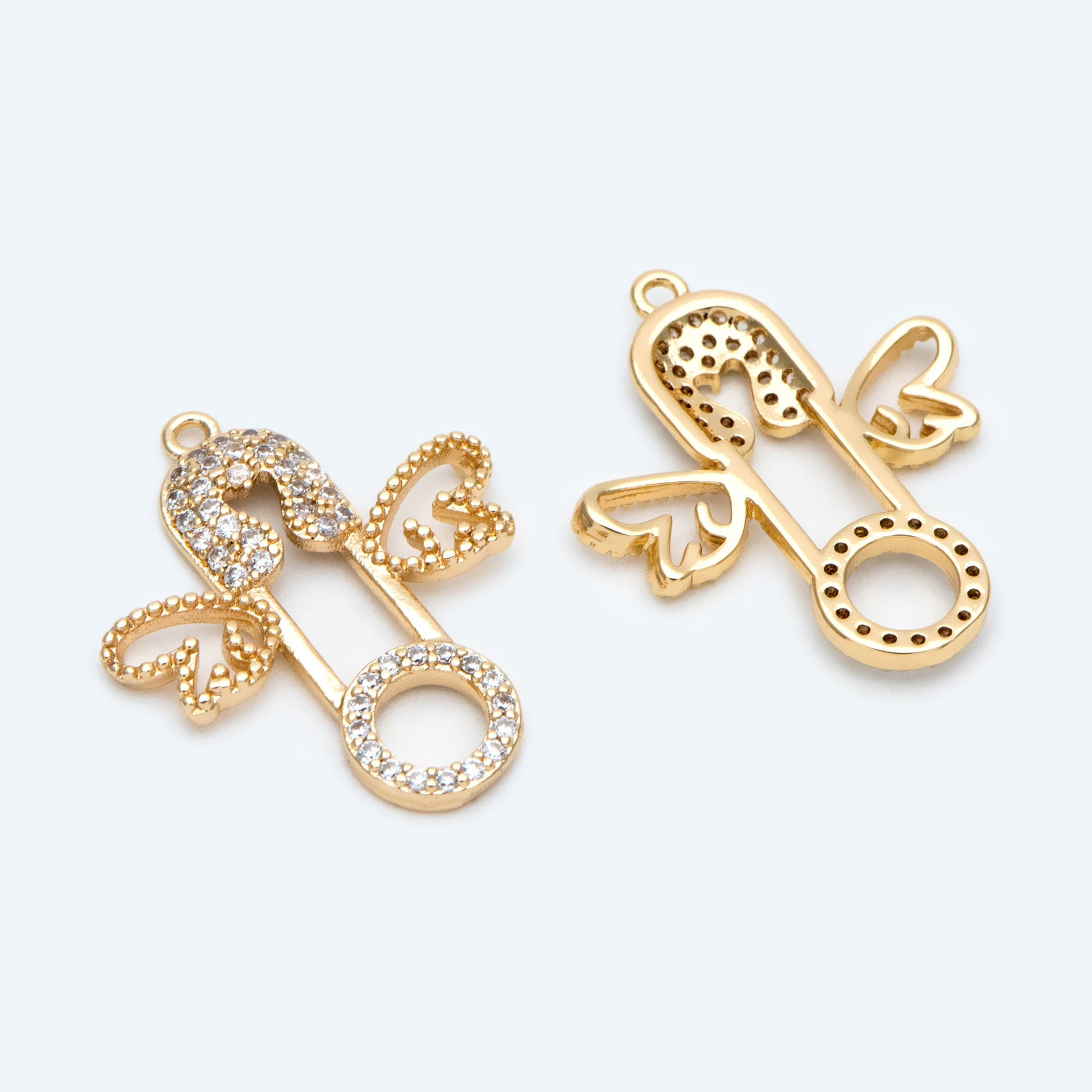 4pcs CZ Pave Safety Pin with Wing Charm, Gold Plated Brass Charm Pendants (GB-1827-E)
