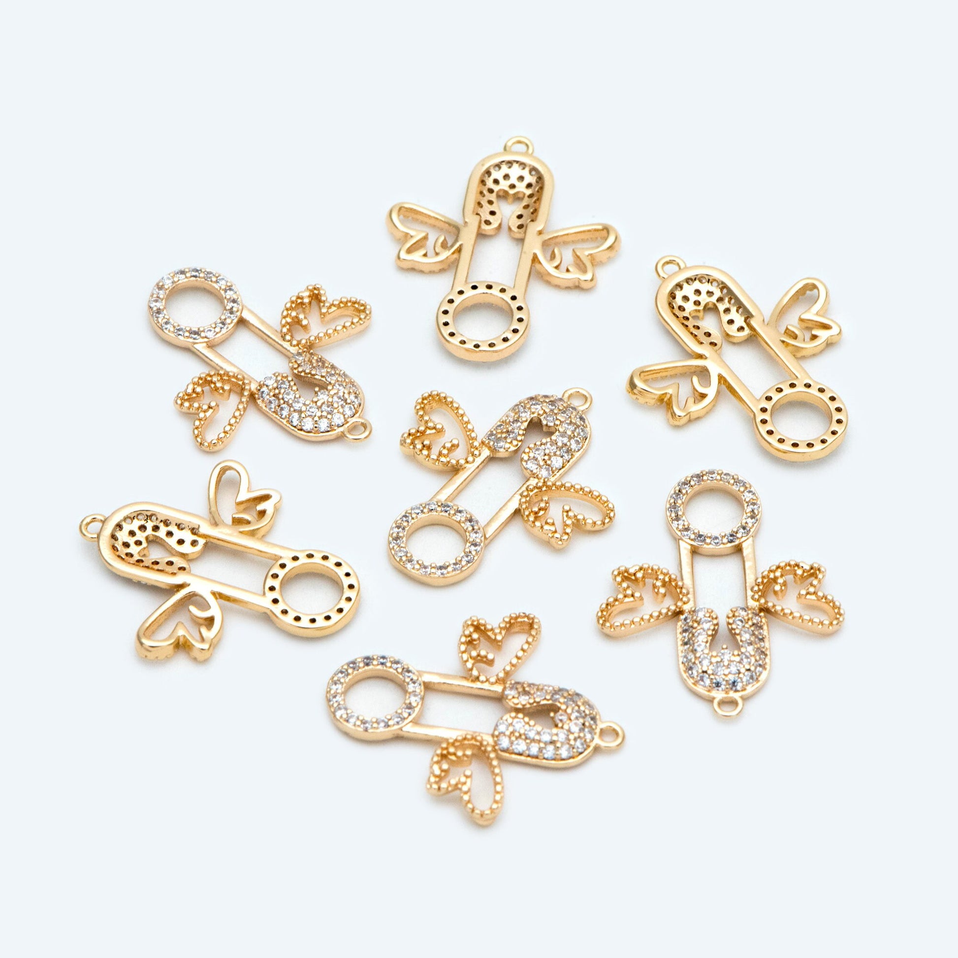 4pcs CZ Pave Safety Pin with Wing Charm, Gold Plated Brass Charm Pendants (GB-1827-E)