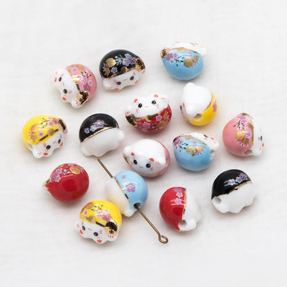 10 beads- Porcelain Lucky Cat beads 15mm, Ceramic Maneki Neko, Drilled Through, Yellow Pink Blue Red Black, Kawaii Cat Charms-(TC-157)