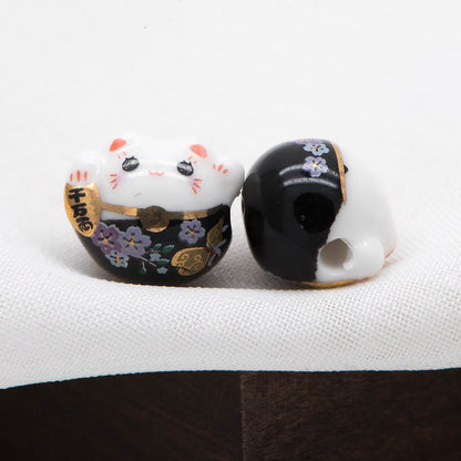 10 beads- Porcelain Lucky Cat beads 15mm, Ceramic Maneki Neko, Drilled Through, Yellow Pink Blue Red Black, Kawaii Cat Charms-(TC-157)