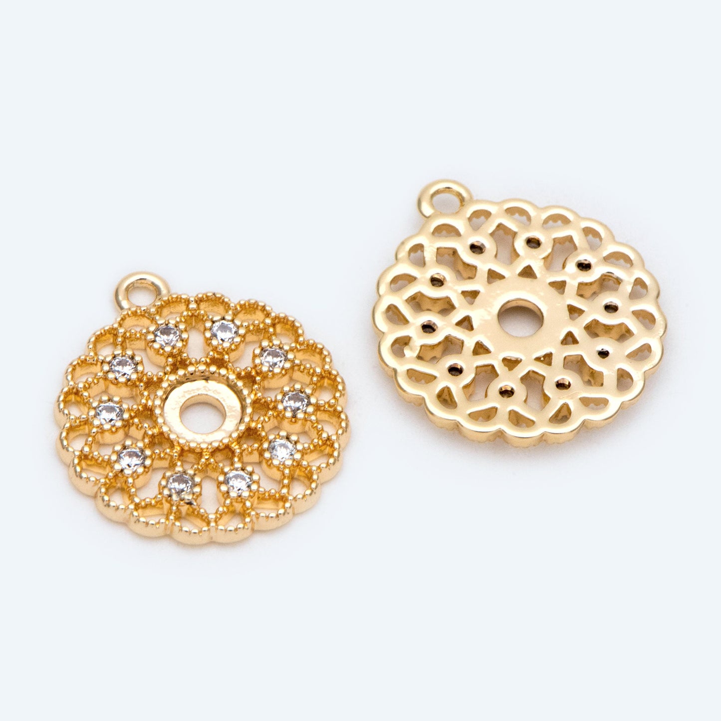 4pcs CZ Pave Gold Filigree Flower Charms, 18K Gold plated Brass, Disk Pendants (GB-2667)