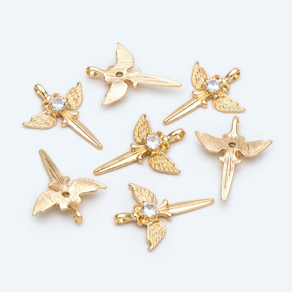 4pcs CZ pave Gold Wing Sword Pendant, Necklace Charm, Jewelry Making, Diy Material, Jewelry Supplies (GB-1810-E)