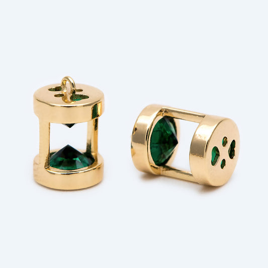 10pcs Gold Hourglass Charms, Emerald CZ Pave Hourglass Pendant (GB-1844-2)