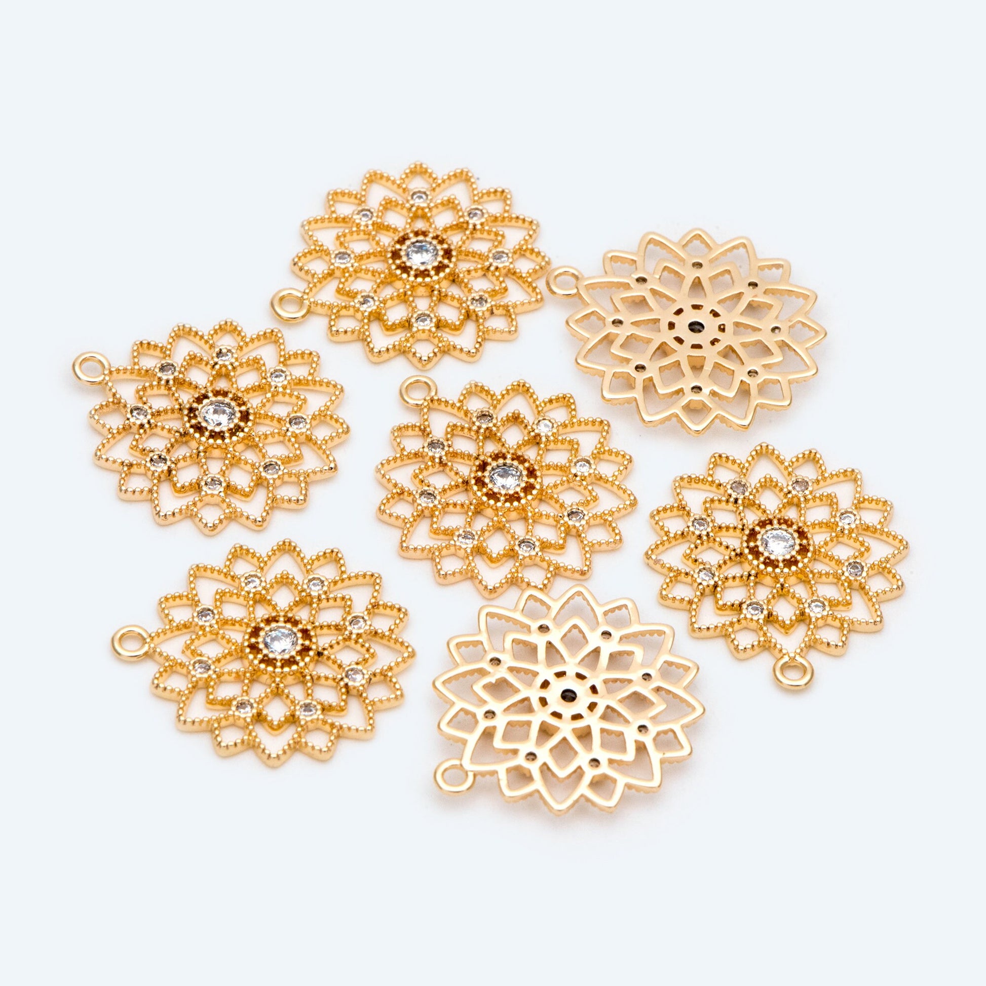 4pcs CZ Pave Gold Filigree Flower Charms, Hollow Flower Pendants, 18K Gold plated Brass(GB-2665)