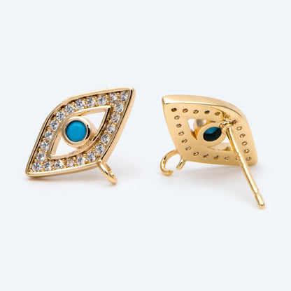 4pcs CZ Pave Evil Eye Earring Stud with Loop, Real Gold plated Brass, Cubic Zirconia Paved Eye Earrings (GB-2678)