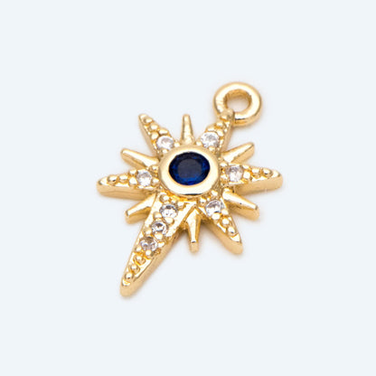 10pcs Gold plated Brass North Star Charm 14x9mm, Blue CZ Pave Star Pendants (GB-924-L)