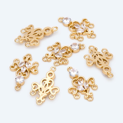 10pcs CZ Pave Gold Filigree Charms, 18K Gold plated Brass, Connector With Loops (GB-2639)