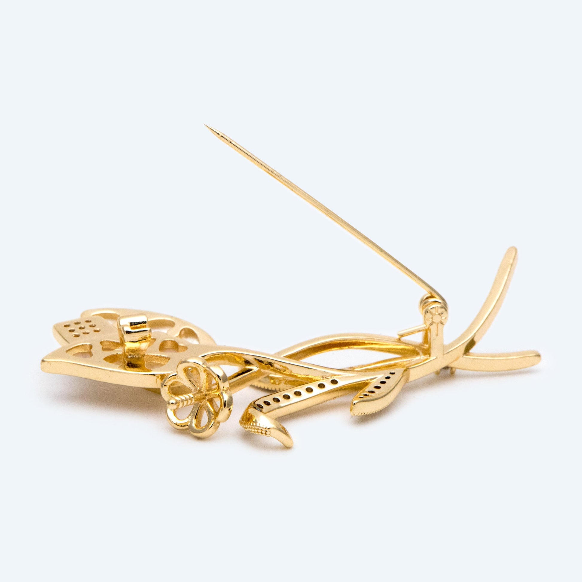 1pcs Shell Pave Gold Tulip Brooch, CZ pave Brooch With Pearl Setting (GB-2640)