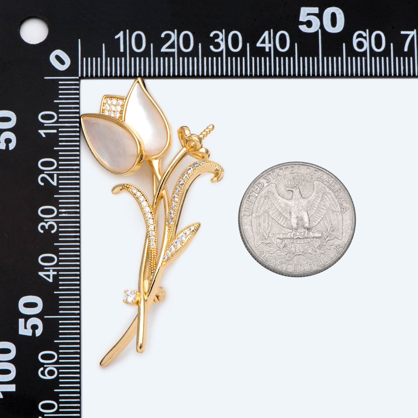 1pcs Shell Pave Gold Tulip Brooch, CZ pave Brooch With Pearl Setting (GB-2640)