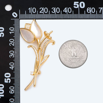 1pcs Shell Pave Gold Tulip Brooch, CZ pave Brooch With Pearl Setting (GB-2640)