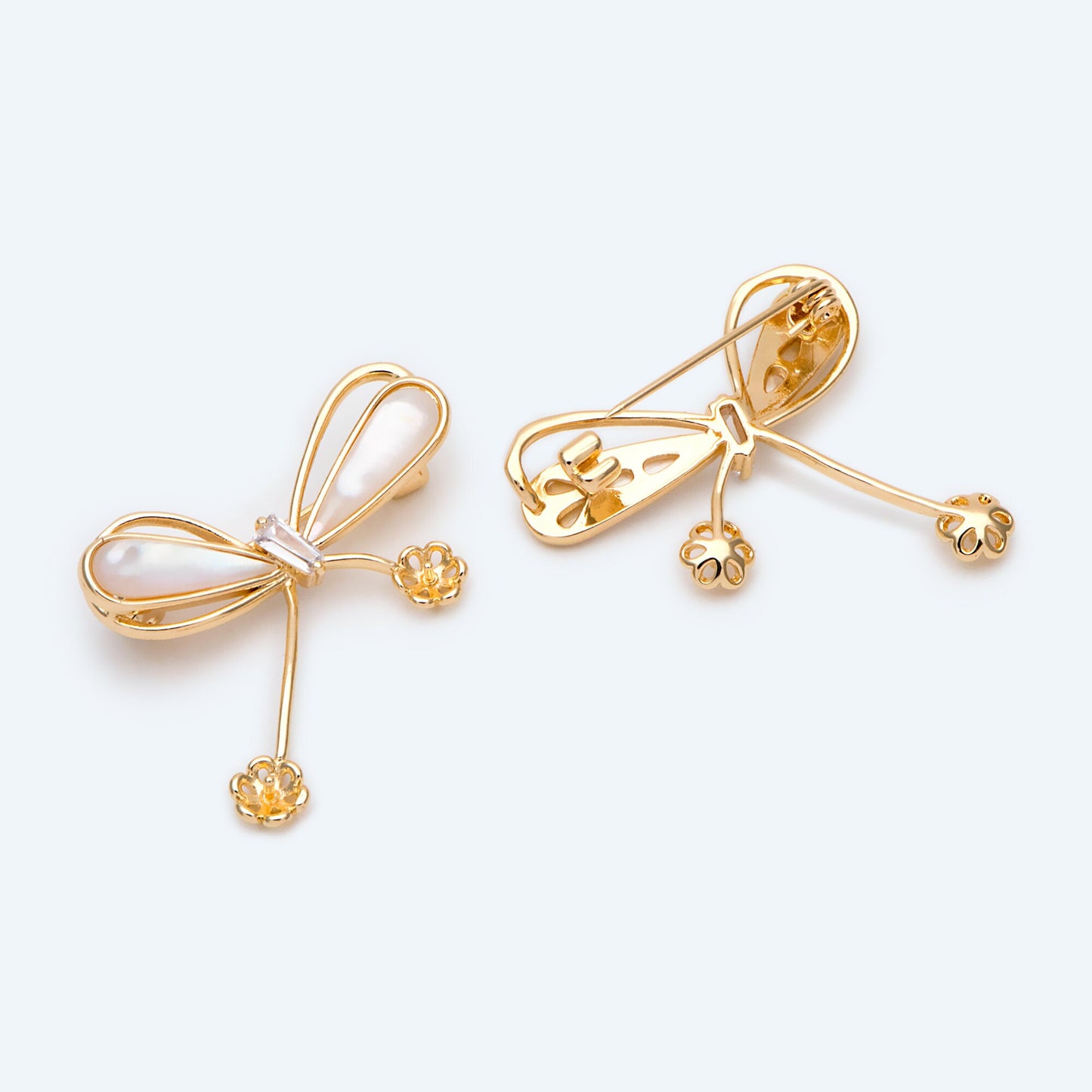 1pcs Shell Pave Gold Bowknot Brooch, Peg Pearl Findings, Brooch With Pearl Setting (GB-2641)