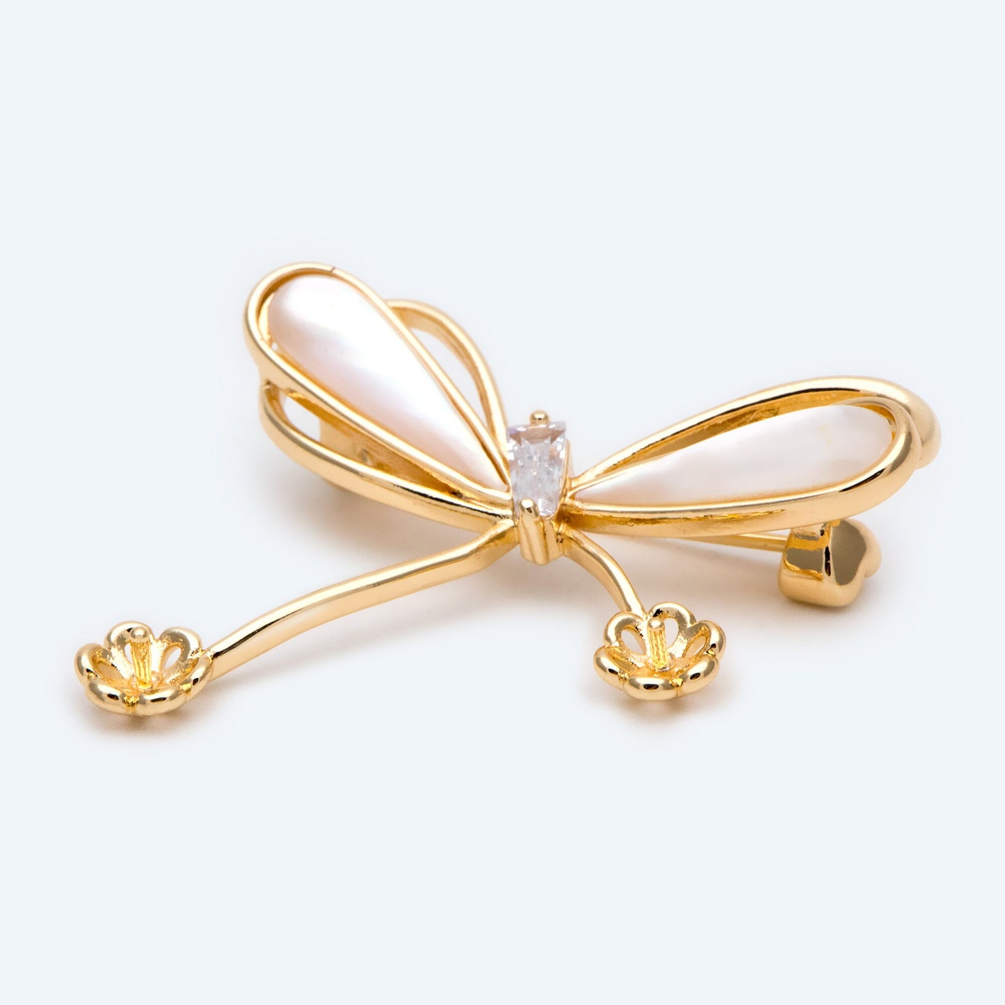 1pcs Shell Pave Gold Bowknot Brooch, Peg Pearl Findings, Brooch With Pearl Setting (GB-2641)