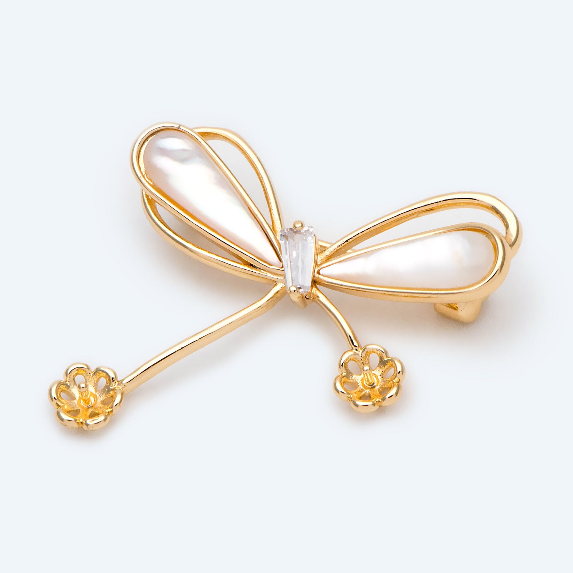 1pcs Shell Pave Gold Bowknot Brooch, Peg Pearl Findings, Brooch With Pearl Setting (GB-2641)