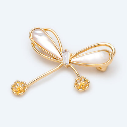 1pcs Shell Pave Gold Bowknot Brooch, Peg Pearl Findings, Brooch With Pearl Setting (GB-2641)
