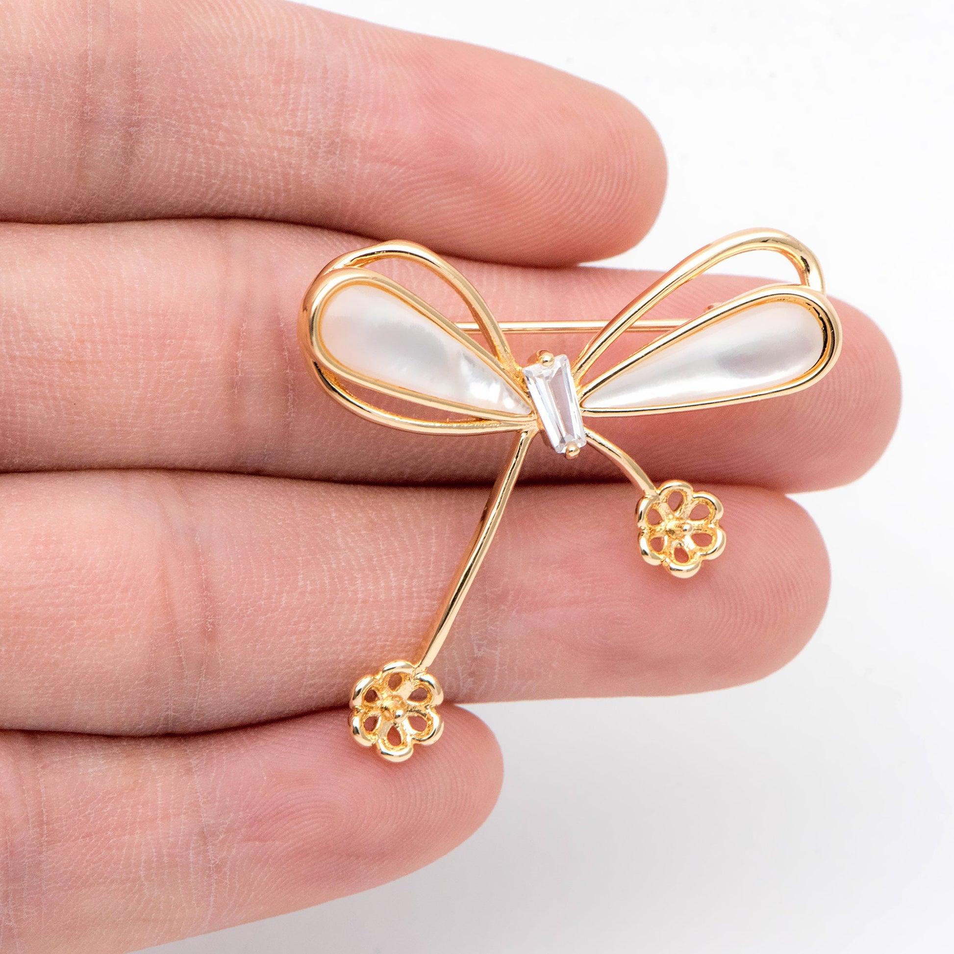 1pcs Shell Pave Gold Bowknot Brooch, Peg Pearl Findings, Brooch With Pearl Setting (GB-2641)
