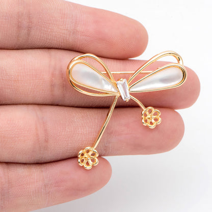 1pcs Shell Pave Gold Bowknot Brooch, Peg Pearl Findings, Brooch With Pearl Setting (GB-2641)