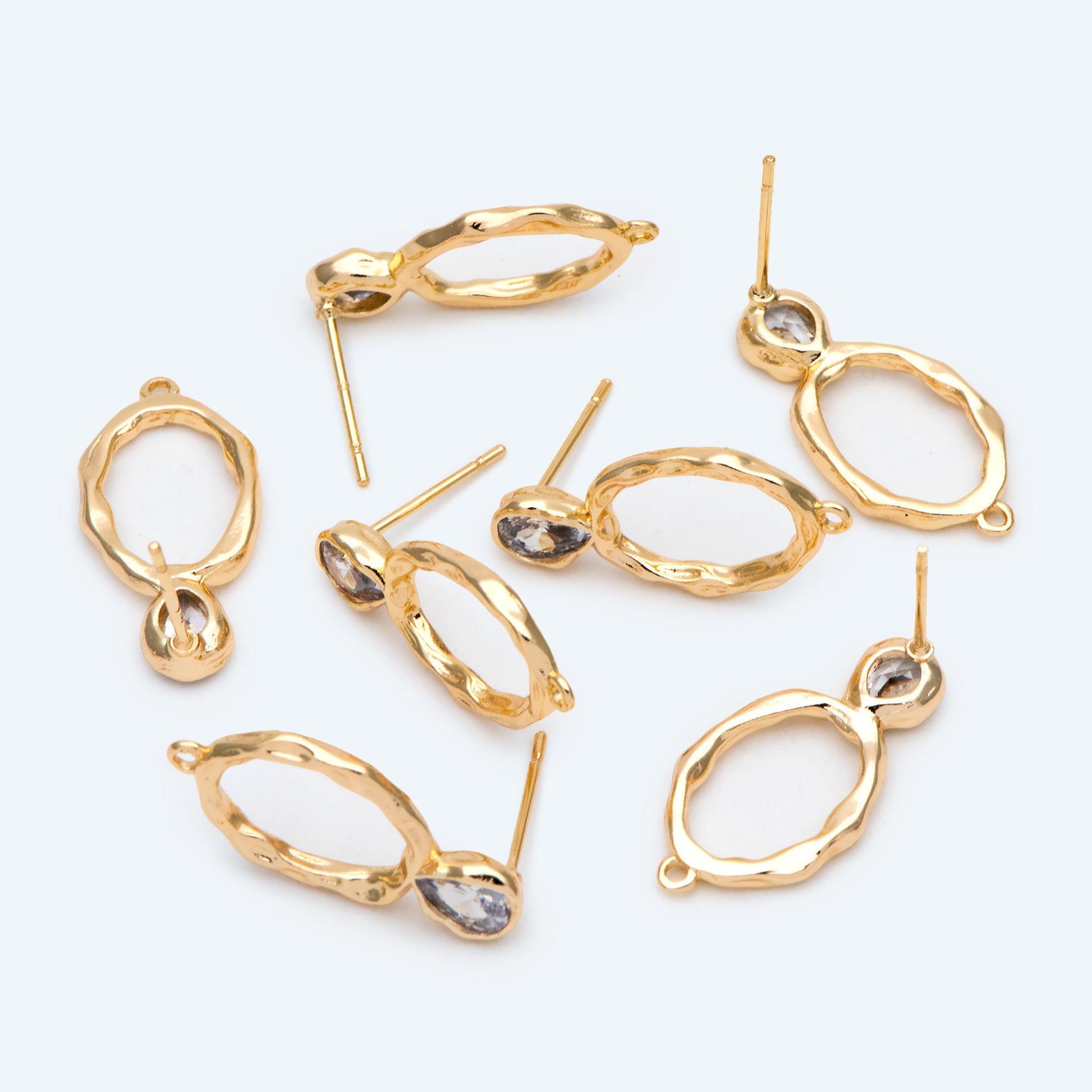 10pcs CZ pave Gold/ Silver Hammered Oval Ear Posts, Geometric Stud Earring, Jewelry Supply (GB-2702)
