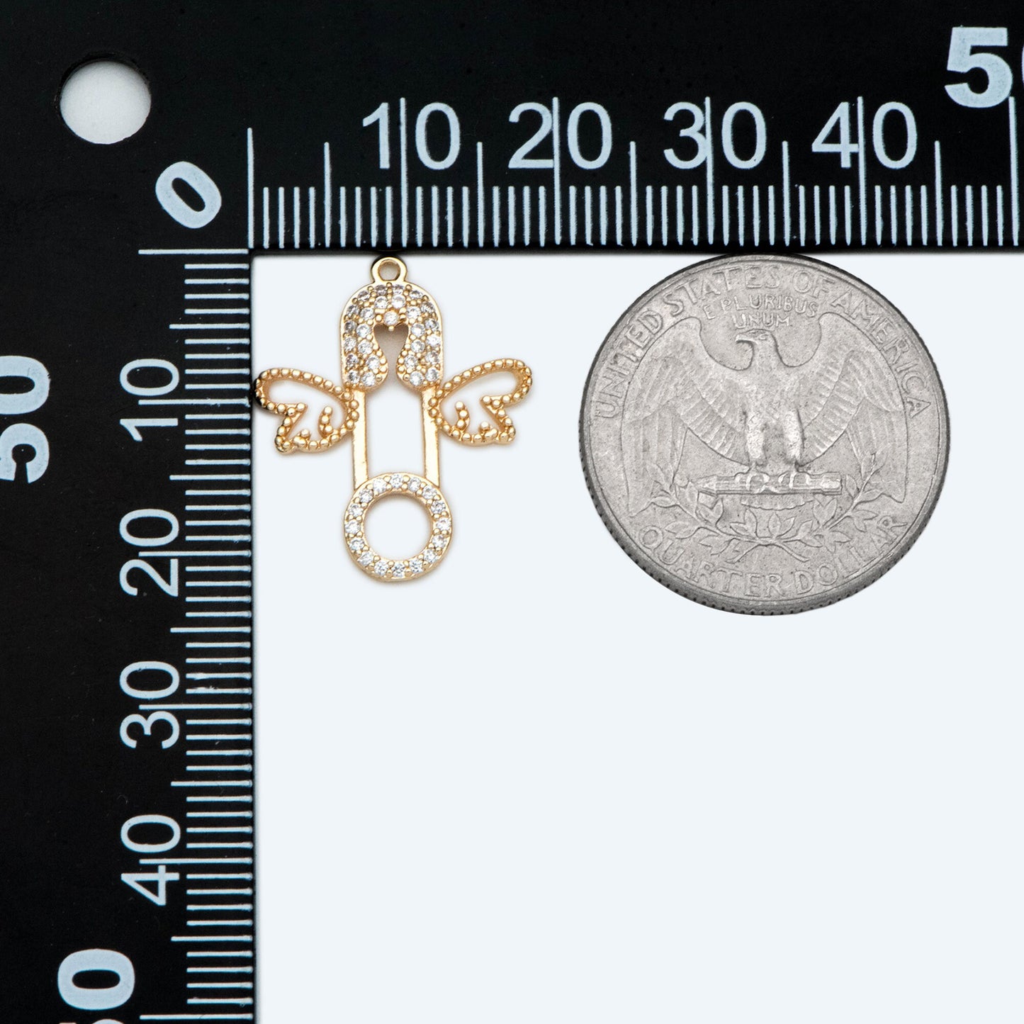 4pcs CZ Pave Safety Pin with Wing Charm, Gold Plated Brass Charm Pendants (GB-1827-E)