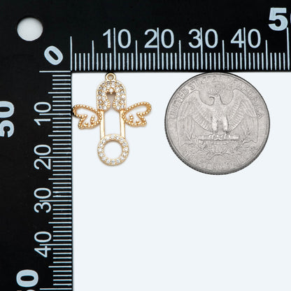 4pcs CZ Pave Safety Pin with Wing Charm, Gold Plated Brass Charm Pendants (GB-1827-E)