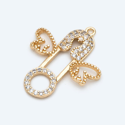 4pcs CZ Pave Safety Pin with Wing Charm, Gold Plated Brass Charm Pendants (GB-1827-E)