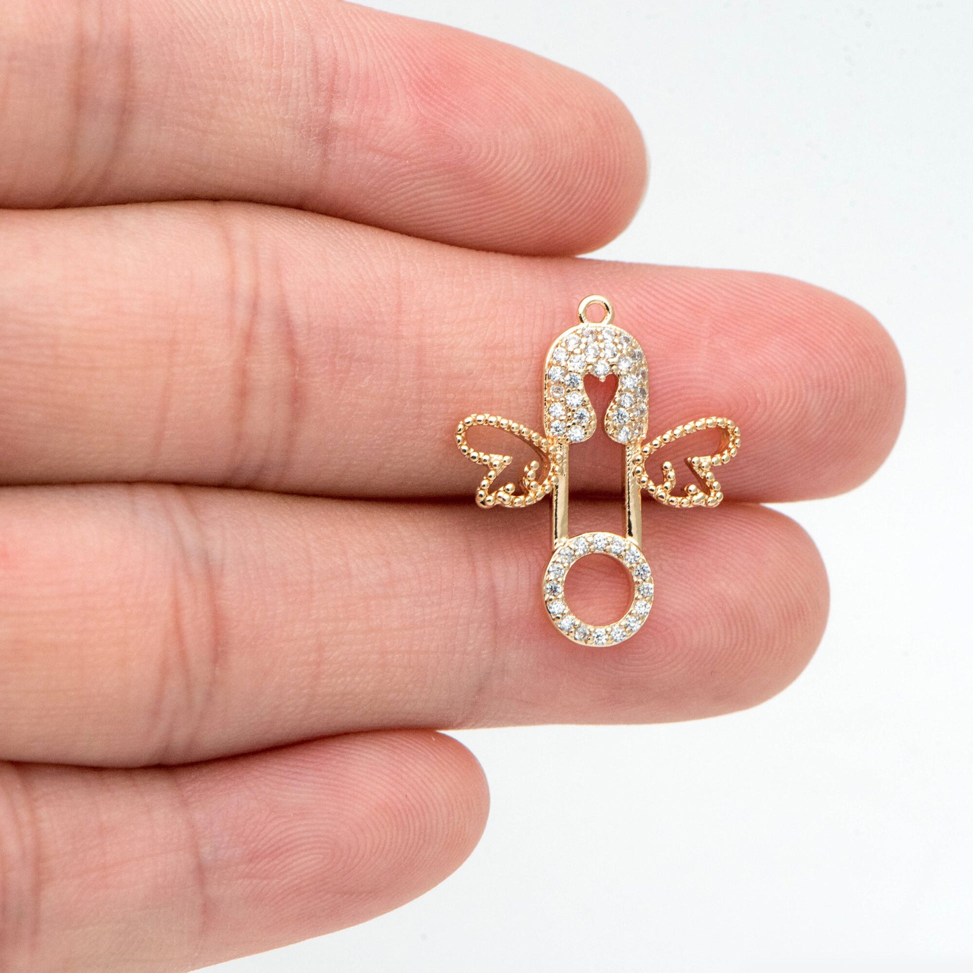4pcs CZ Pave Safety Pin with Wing Charm, Gold Plated Brass Charm Pendants (GB-1827-E)