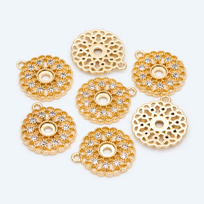 4pcs CZ Pave Gold Filigree Flower Charms, 18K Gold plated Brass, Disk Pendants (GB-2667)