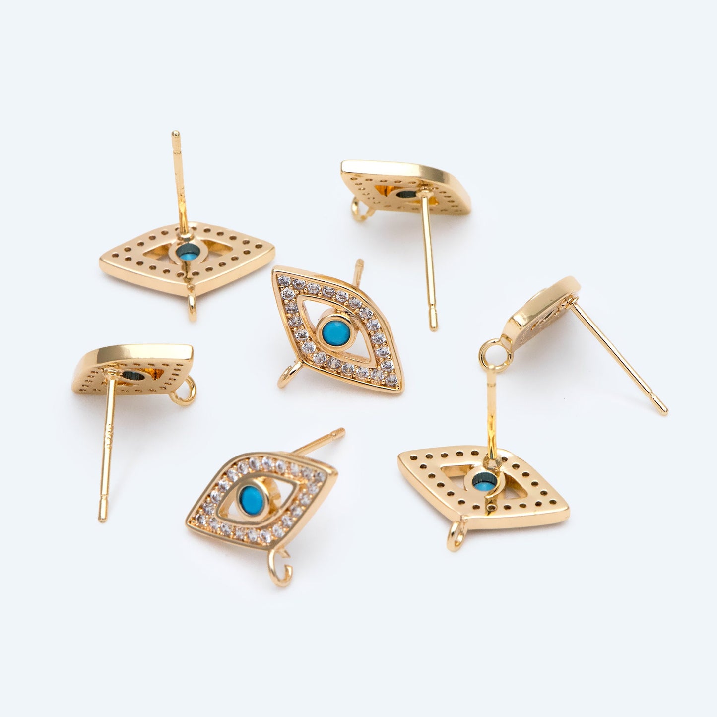 4pcs CZ Pave Evil Eye Earring Stud with Loop, Real Gold plated Brass, Cubic Zirconia Paved Eye Earrings (GB-2678)