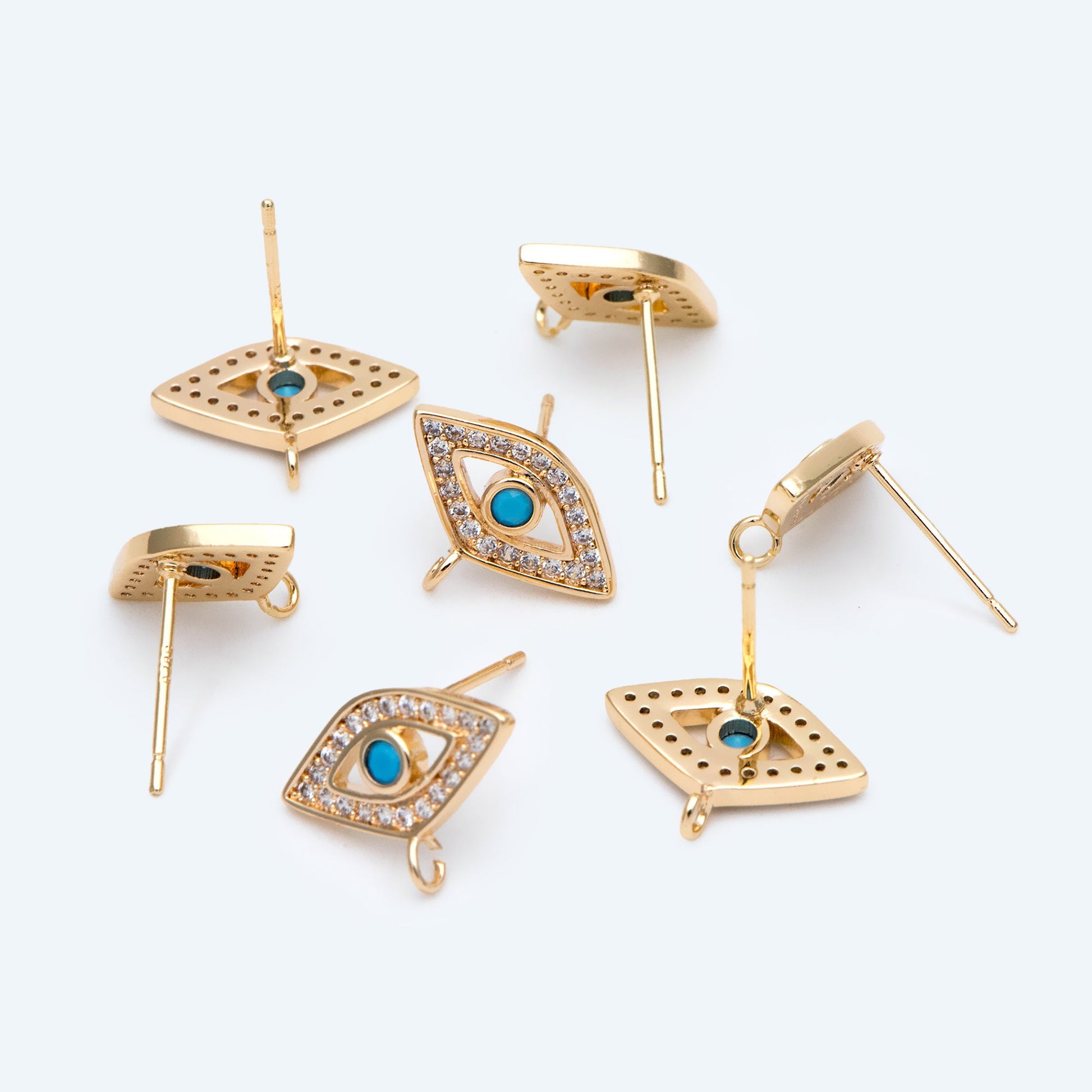 4pcs CZ Pave Evil Eye Earring Stud with Loop, Real Gold plated Brass, Cubic Zirconia Paved Eye Earrings (GB-2678)