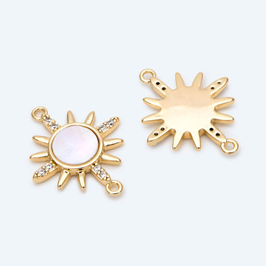4pcs Shell Pave Gold/ Silver Sun Charms, 18K Gold/ Rhodium plated Brass, CZ Sun Pendants Connector (GB-2000-A)