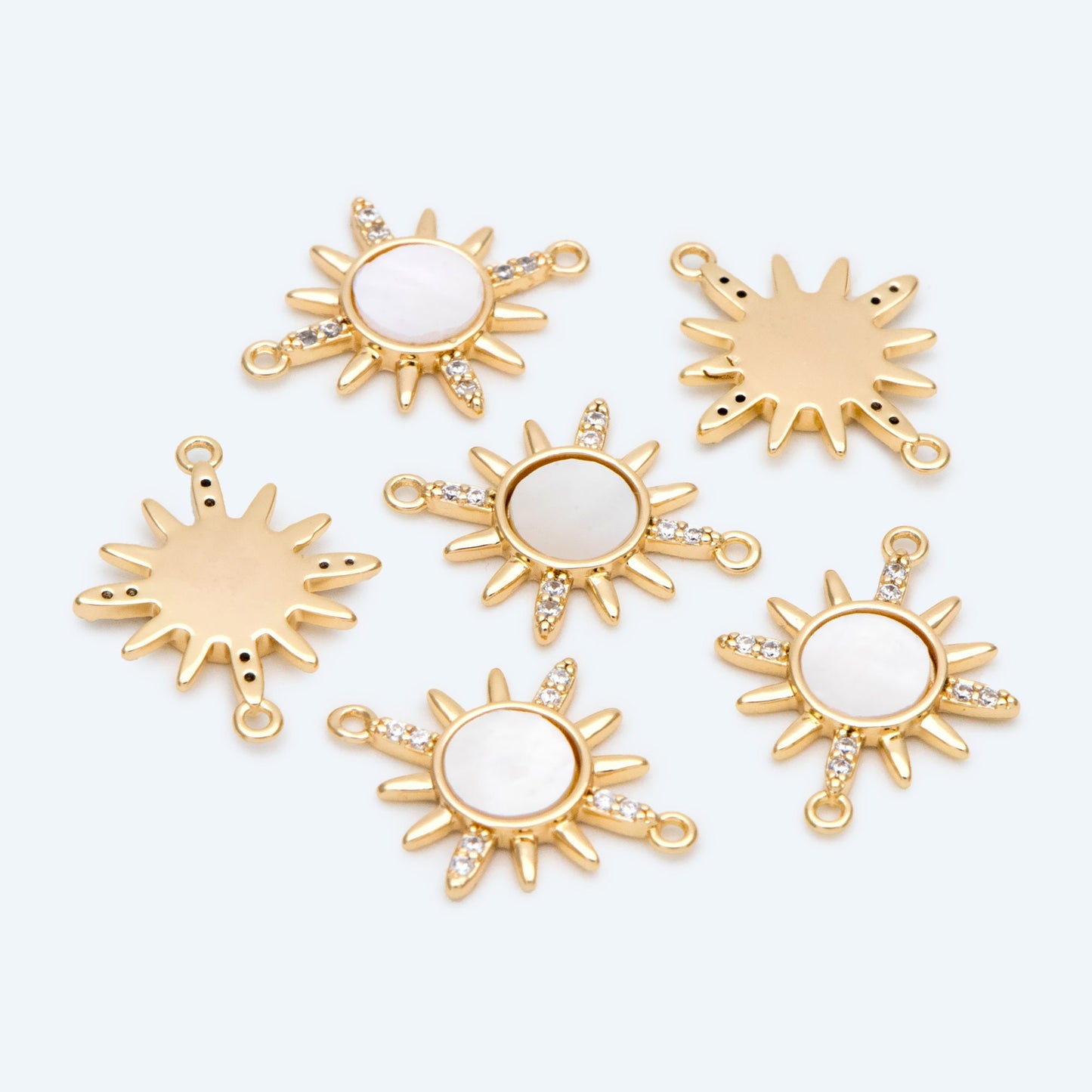 4pcs Shell Pave Gold/ Silver Sun Charms, 18K Gold/ Rhodium plated Brass, CZ Sun Pendants Connector (GB-2000-A)