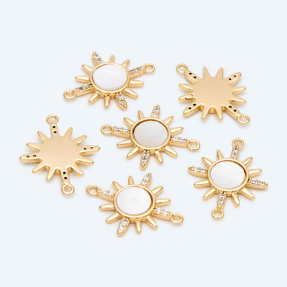 4pcs Shell Pave Gold/ Silver Sun Charms, 18K Gold/ Rhodium plated Brass, CZ Sun Pendants Connector (GB-2000-A)