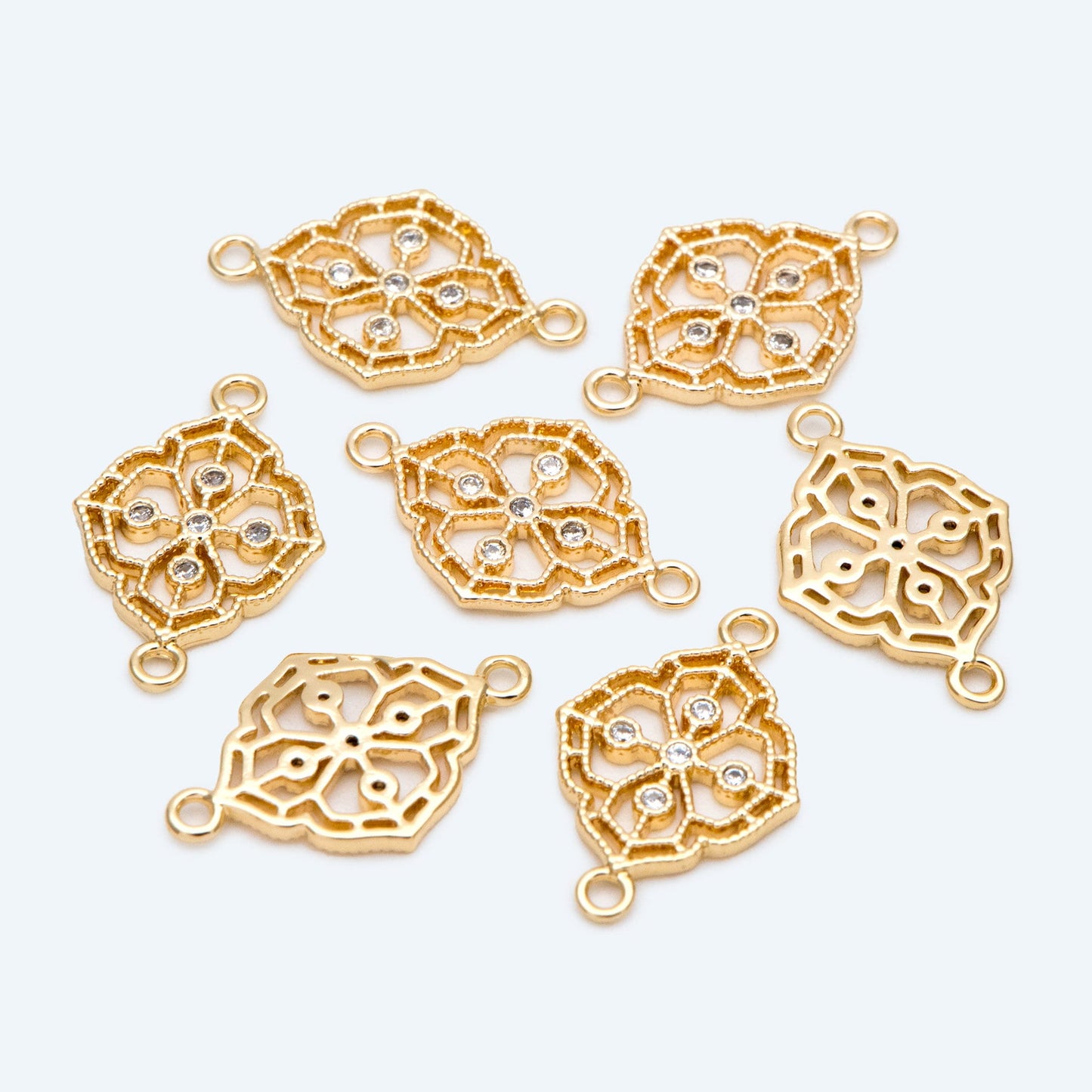 10pcs CZ Pave Gold Filigree Flower Charms Pendant, 18K Gold plated Brass Connectors (GB-3780-K)