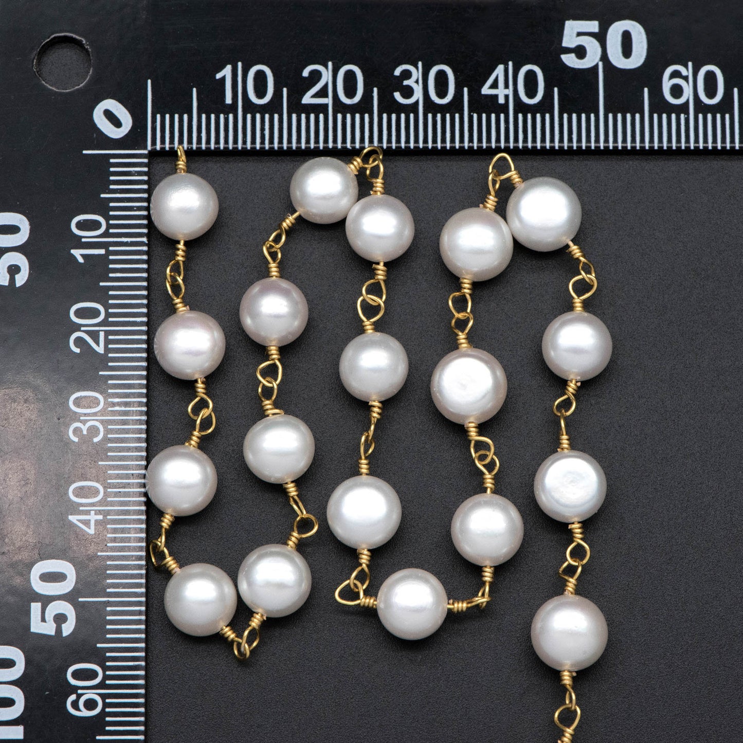 Natural Freshwater Pearl Chains, Gold Chain with 8mm Genuine Button Pearls (LK-485)/ 1 Meter=3.3 feet
