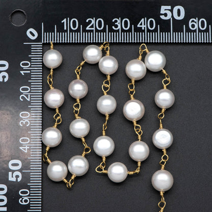 Natural Freshwater Pearl Chains, Gold Chain with 8mm Genuine Button Pearls (LK-485)/ 1 Meter=3.3 feet