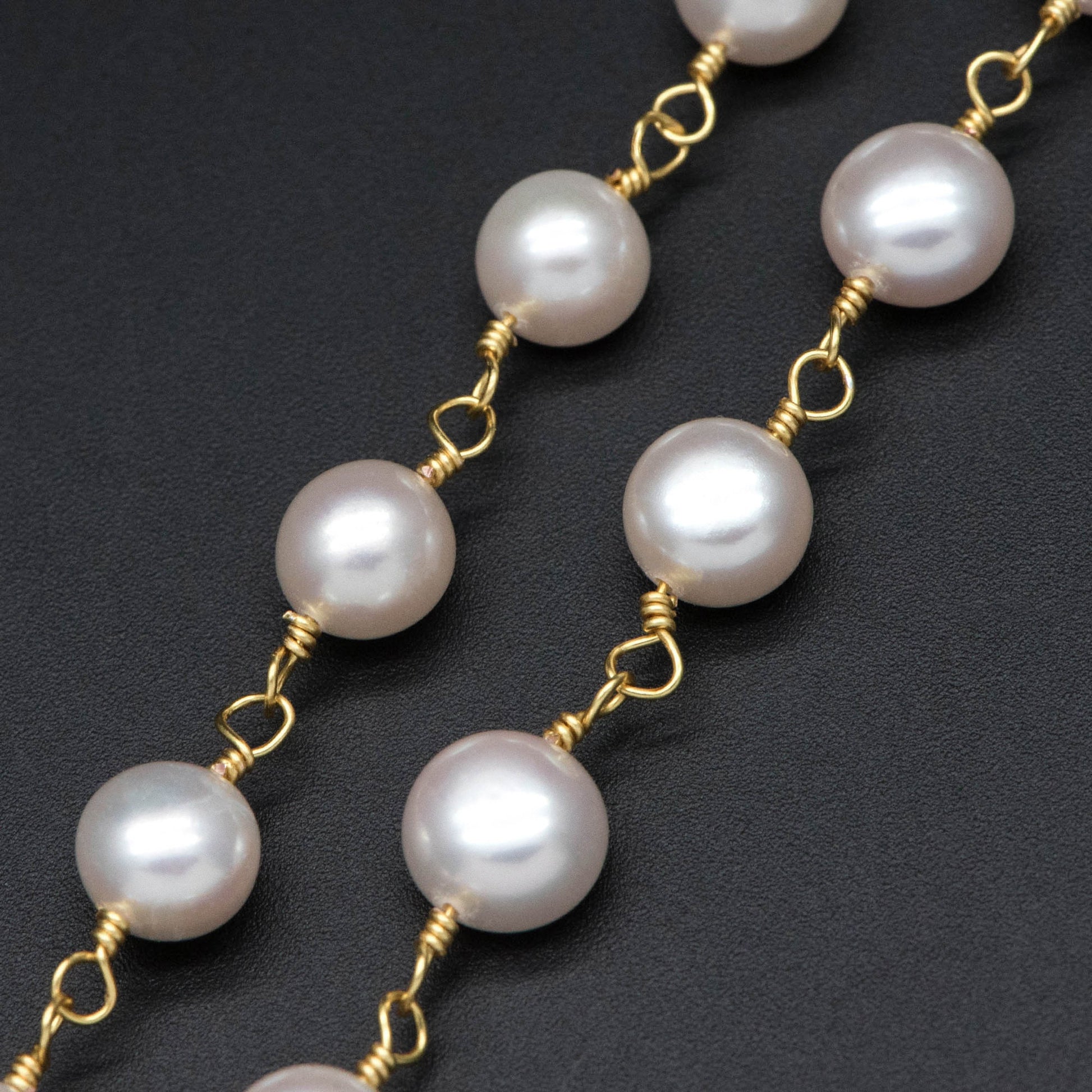 Natural Freshwater Pearl Chains, Gold Chain with 8mm Genuine Button Pearls (LK-485)/ 1 Meter=3.3 feet
