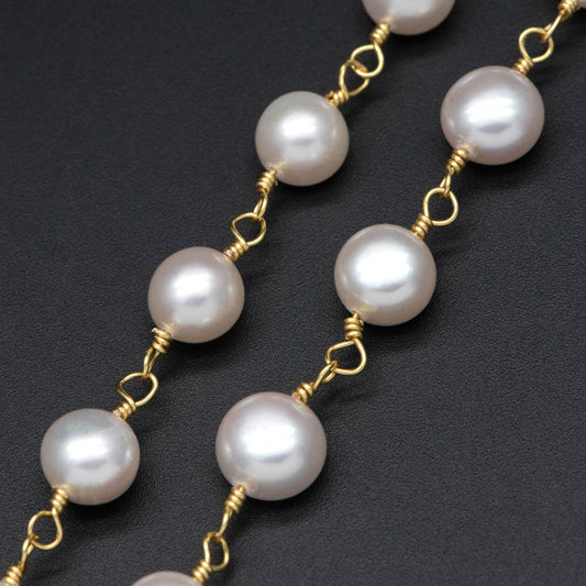 Natural Freshwater Pearl Chains, Gold Chain with 8mm Genuine Button Pearls (LK-485)/ 1 Meter=3.3 feet