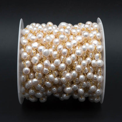 Natural Freshwater Pearl Chains, Gold Chain with 8mm Genuine Button Pearls (LK-485)/ 1 Meter=3.3 feet