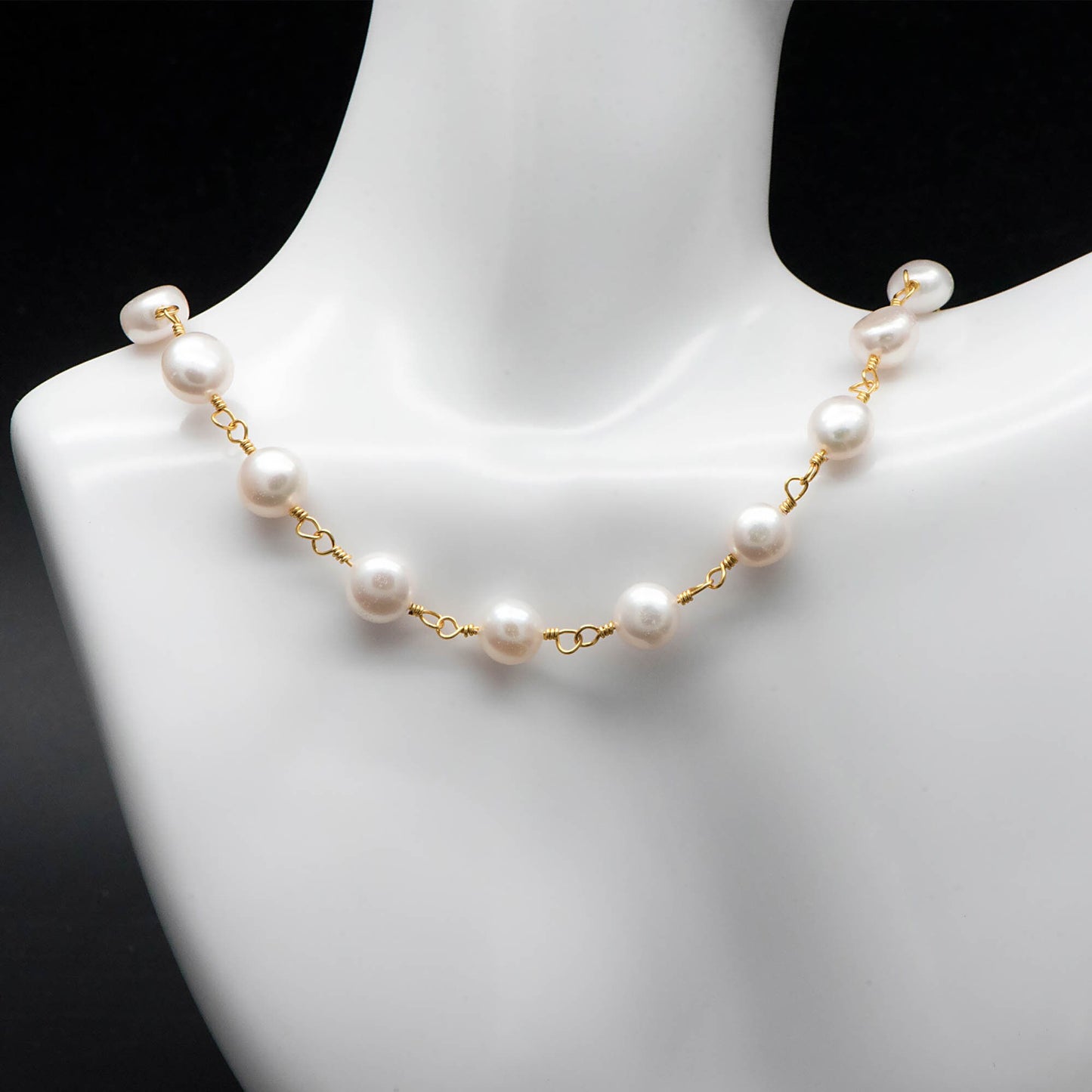 Natural Freshwater Pearl Chains, Gold Chain with 8mm Genuine Button Pearls (LK-485)/ 1 Meter=3.3 feet
