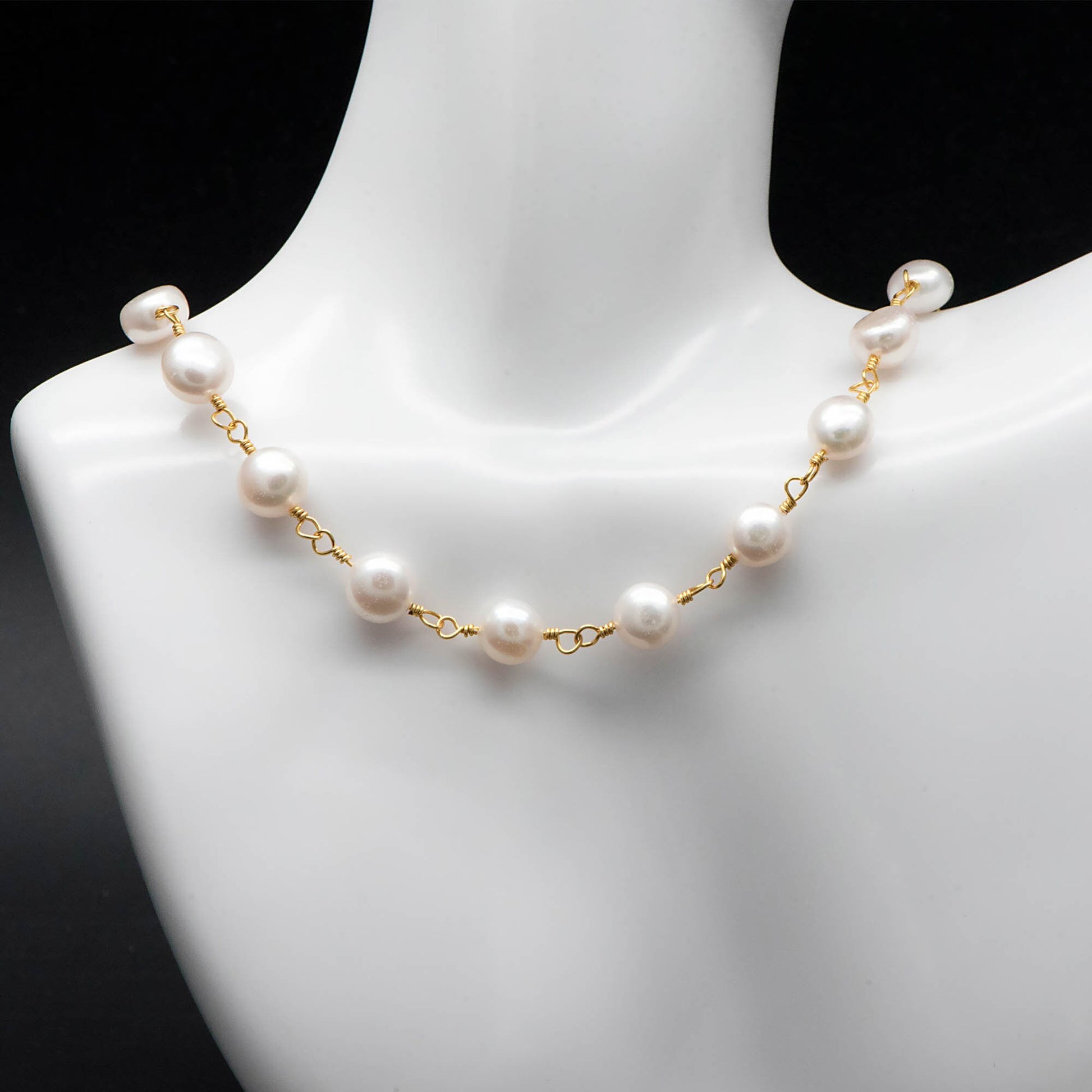 Natural Freshwater Pearl Chains, Gold Chain with 8mm Genuine Button Pearls (LK-485)/ 1 Meter=3.3 feet