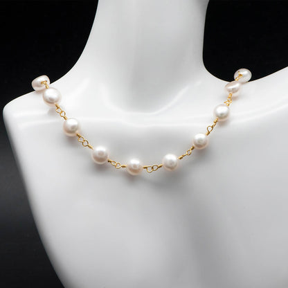 Natural Freshwater Pearl Chains, Gold Chain with 8mm Genuine Button Pearls (LK-485)/ 1 Meter=3.3 feet
