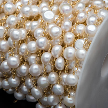 Natural Freshwater Pearl Chains, Gold Chain with 8mm Genuine Button Pearls (LK-485)/ 1 Meter=3.3 feet