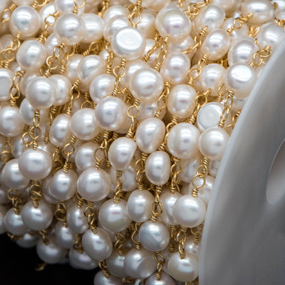 Natural Freshwater Pearl Chains, Gold Chain with 8mm Genuine Button Pearls (LK-485)/ 1 Meter=3.3 feet