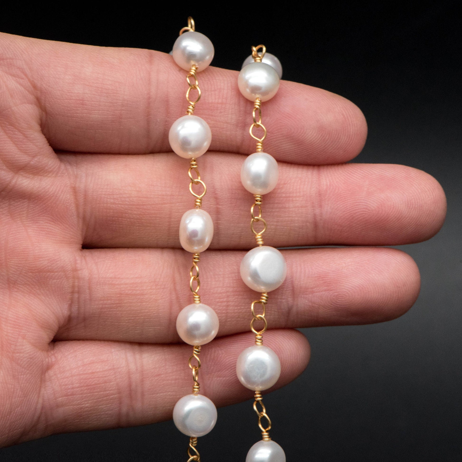 Natural Freshwater Pearl Chains, Gold Chain with 8mm Genuine Button Pearls (LK-485)/ 1 Meter=3.3 feet