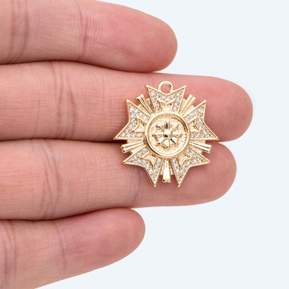 4pcs CZ Pave Gold Medallion Charm, Medal charm Pendant, Jewelry Supply (GB-1766-G)