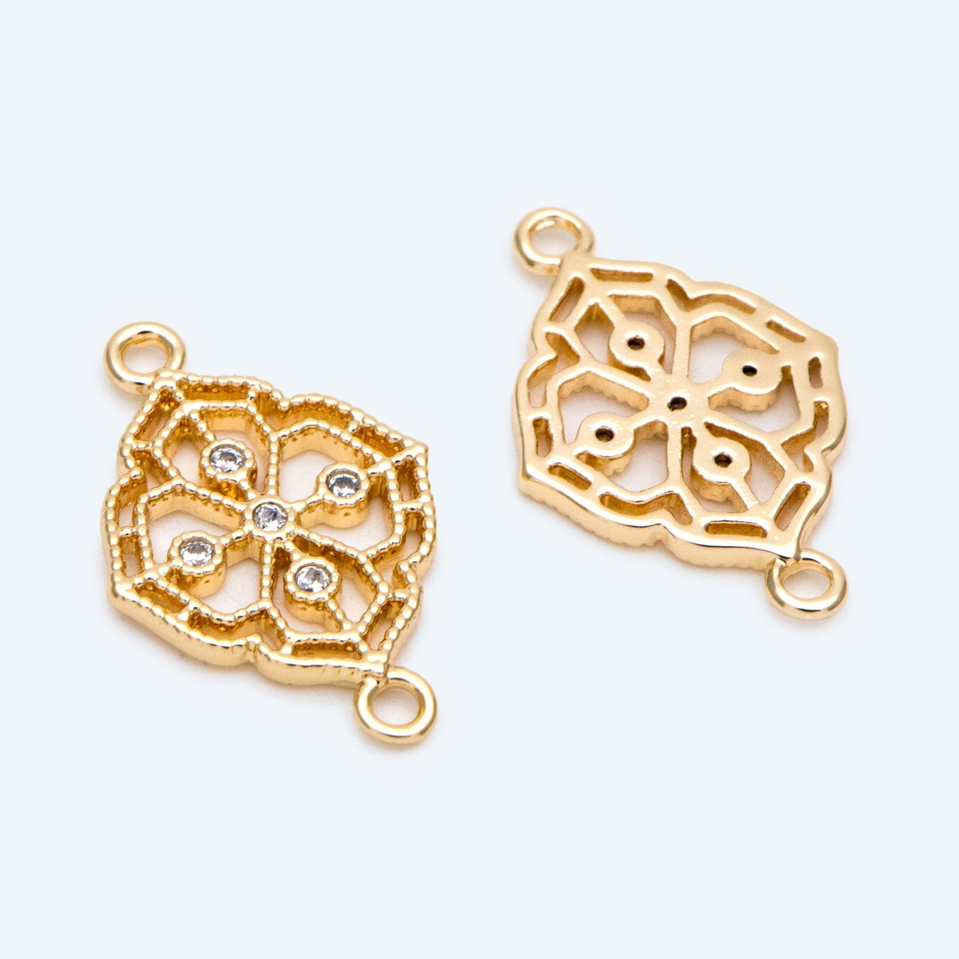 10pcs CZ Pave Gold Filigree Flower Charms Pendant, 18K Gold plated Brass Connectors (GB-3780-K)