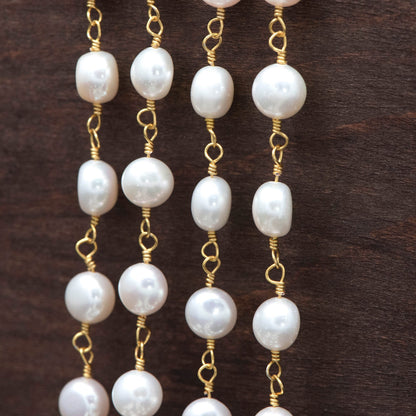 Natural Freshwater Pearl Chains, Gold Chain with 8mm Genuine Button Pearls (LK-485)/ 1 Meter=3.3 feet