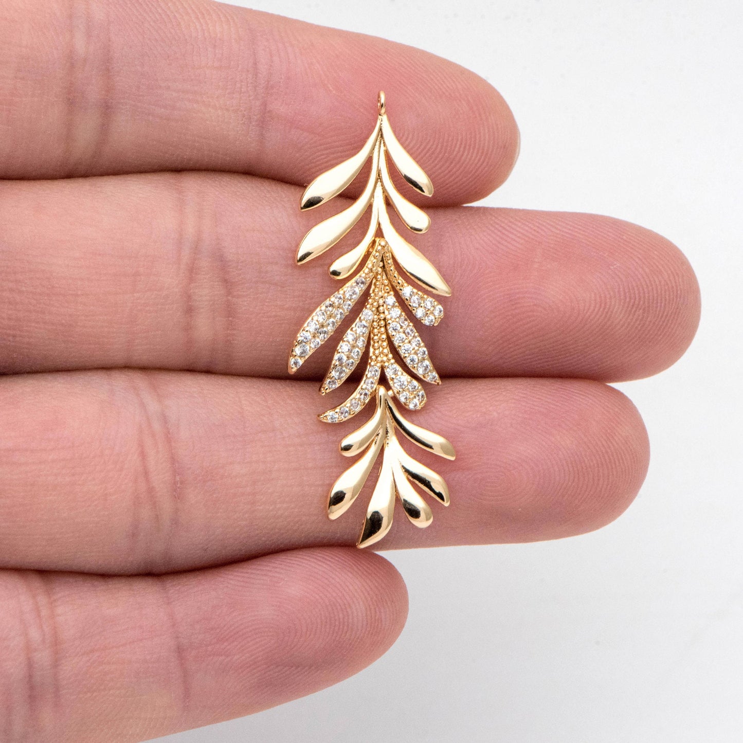4pcs Gold/ Silver Tone CZ pave Dainty Leaf Charms, Leaf Pendants 44x14mm, Earring Charm, Necklace Pendant (GB-978-F)