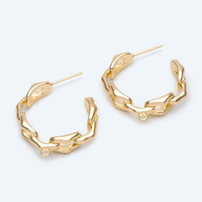 4pcs Gold plated Ear Posts, Chain Hoop Earrings with Loop, Rustic Stud Earrings, Chunky Hoop Earrings (GB-2766)