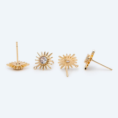 4pcs CZ Pave Gold Sun Earring with Loop, Real Gold Plated Brass Sun Stud Earrings (#GB-2774)